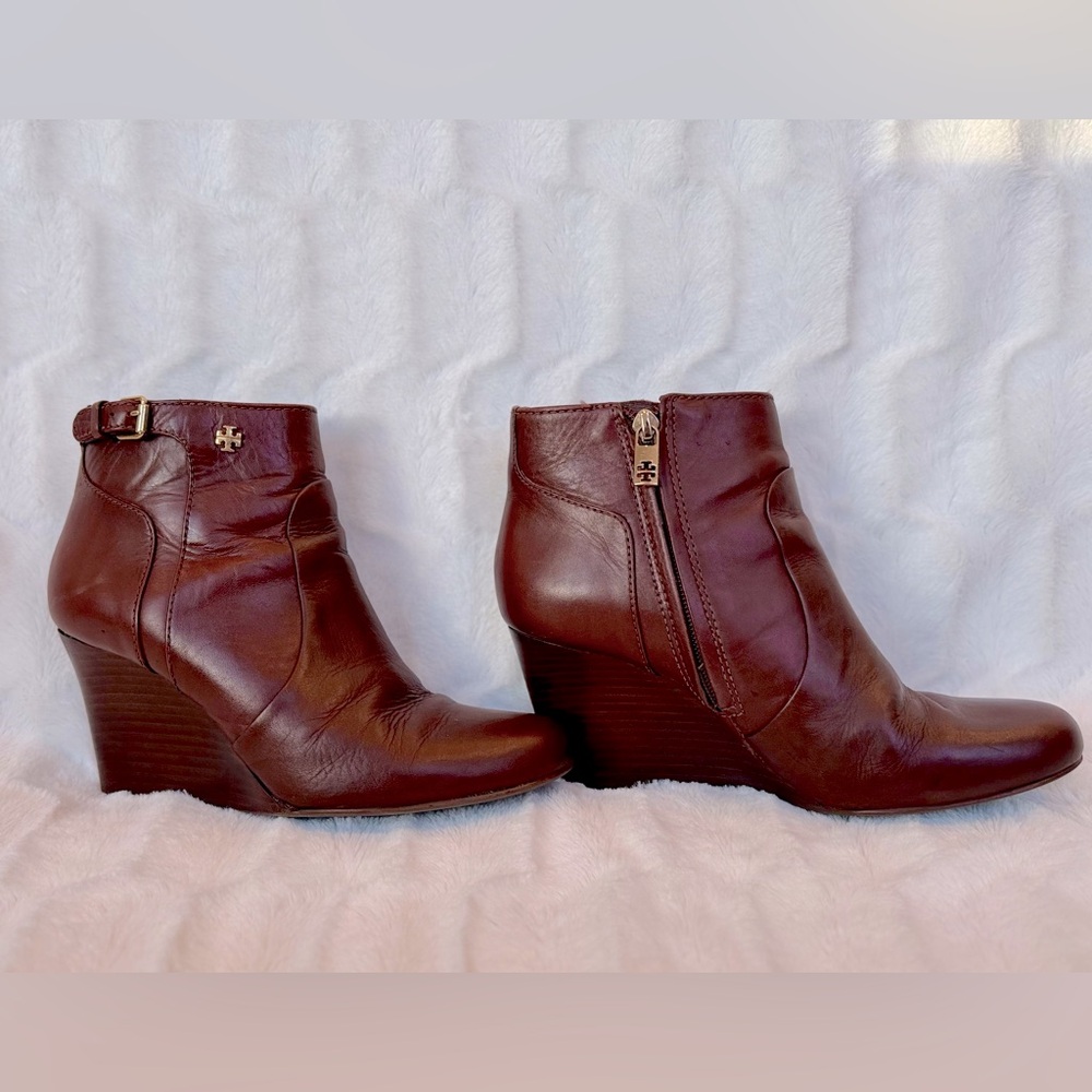 Tory Burch Cognac Brown Milan Leather Wedge Bootie